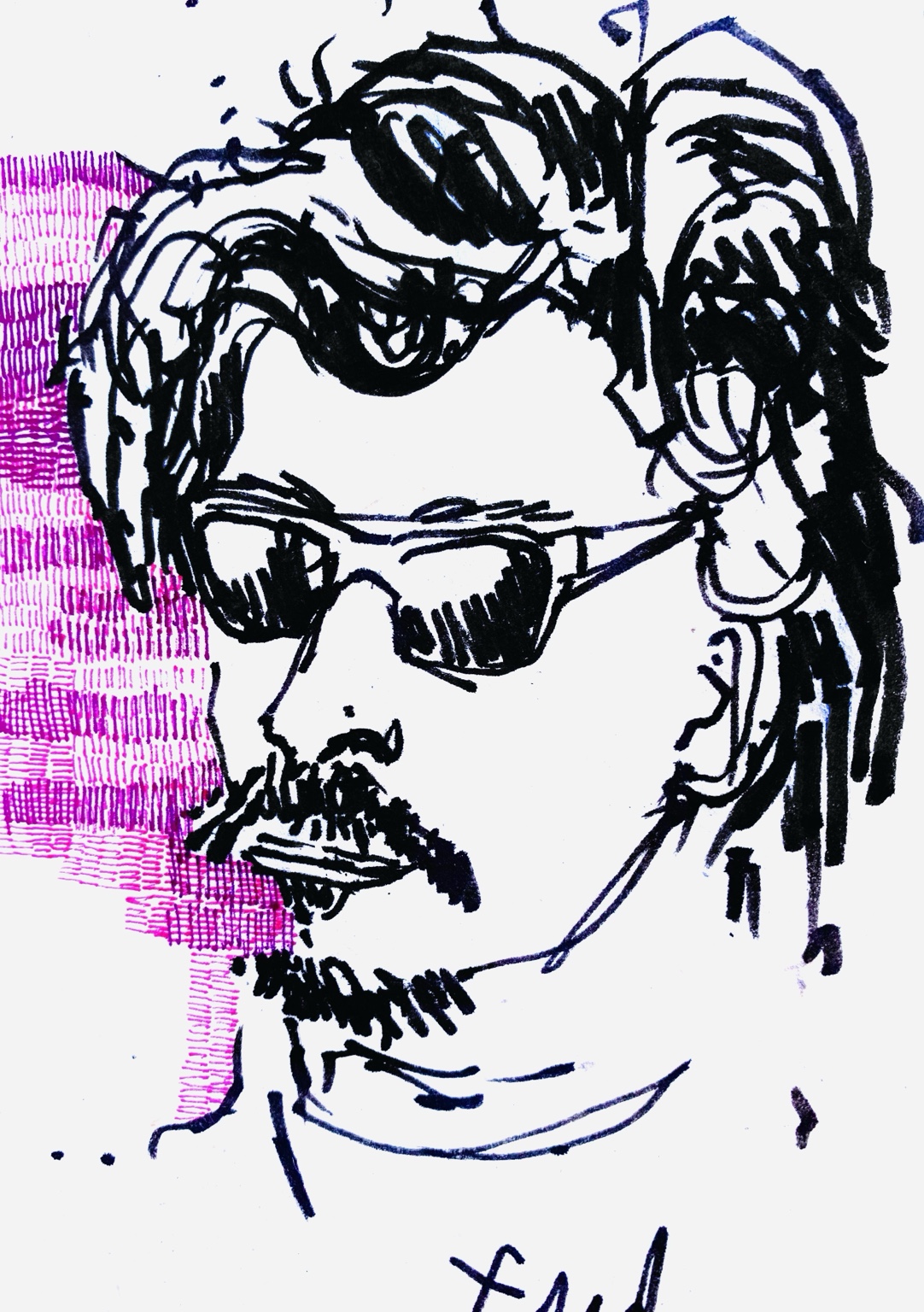 Carnet nomade de Juliette Savaëte, portrait graphique d’un homme aux lunettes noires sur fond rose