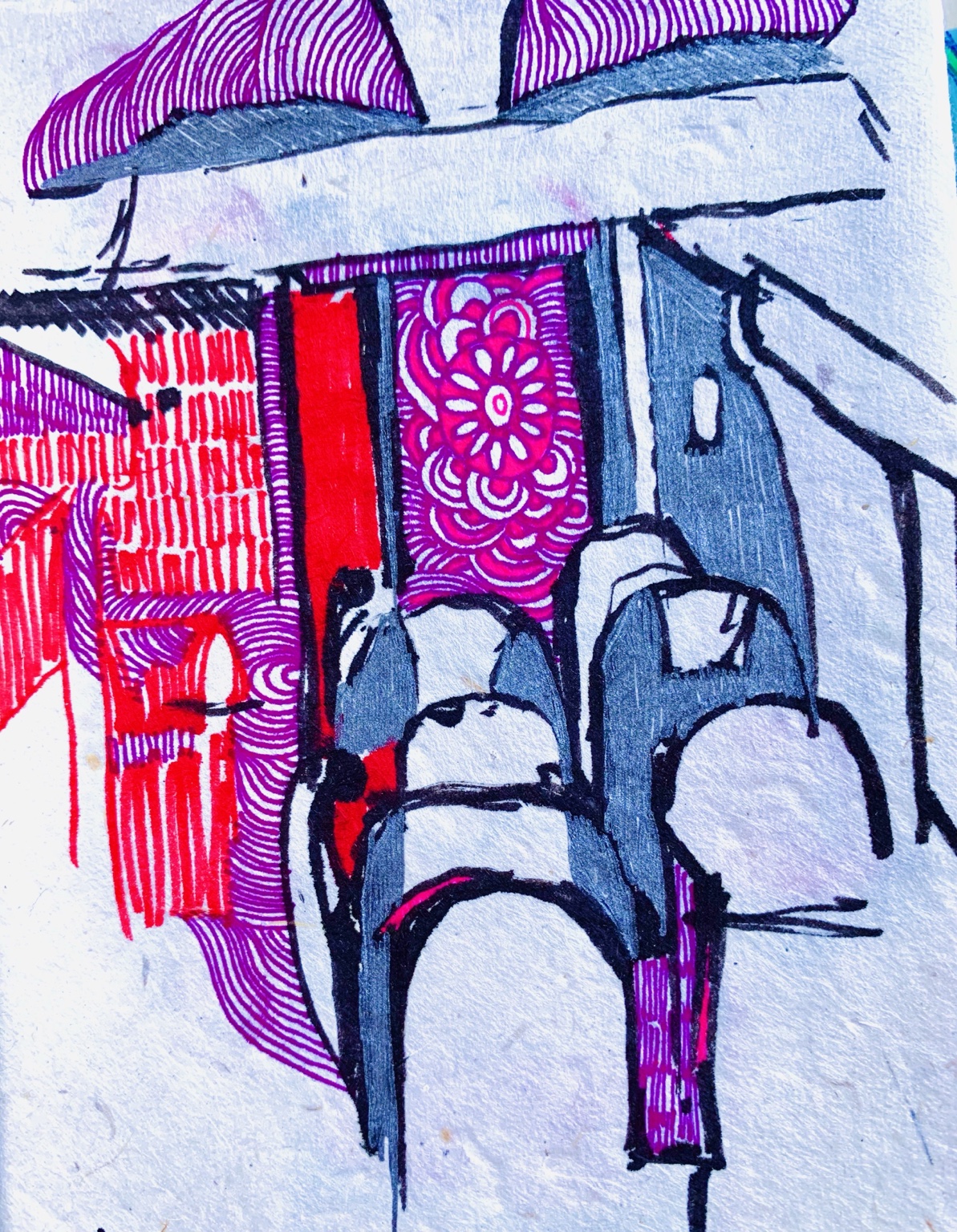 Carnet nomade de Juliette Savaëte, fragment d’intérieur aux lignes roses, rouges et bleues