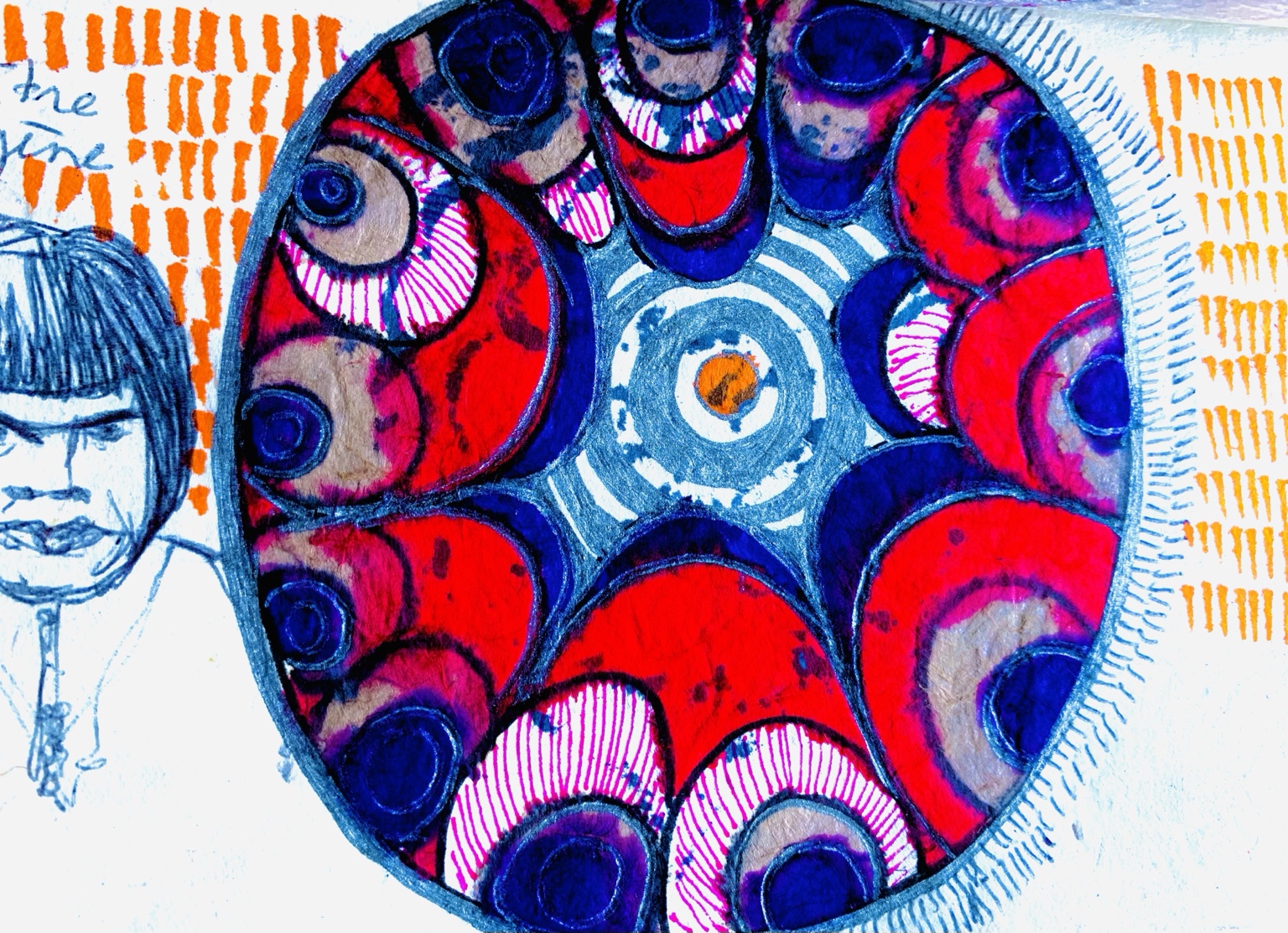 Carnet nomade de Juliette Savaëte, composition circulaire rouge, orange et bleu