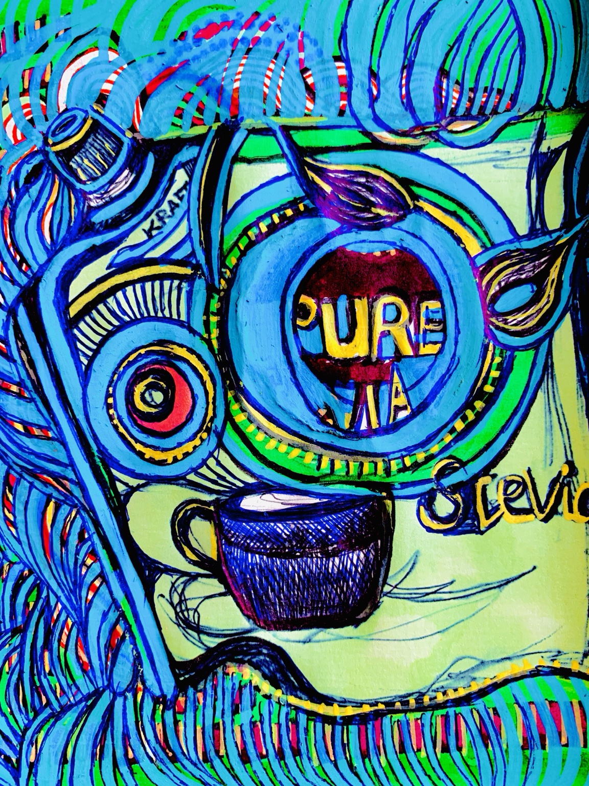 Carnet nomade de Juliette Savaëte, composition bleue et verte avec tasse et motifs graphiques