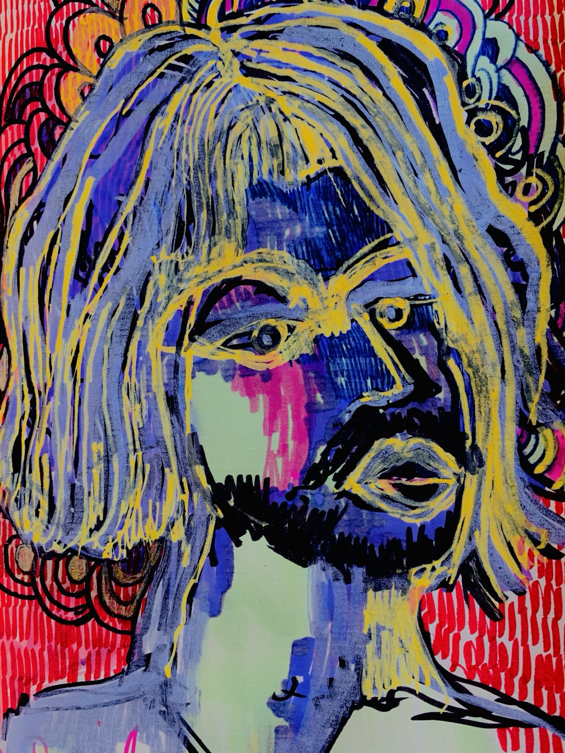 Carnet nomade, portrait aux cheveux jaunes sur fond rouge